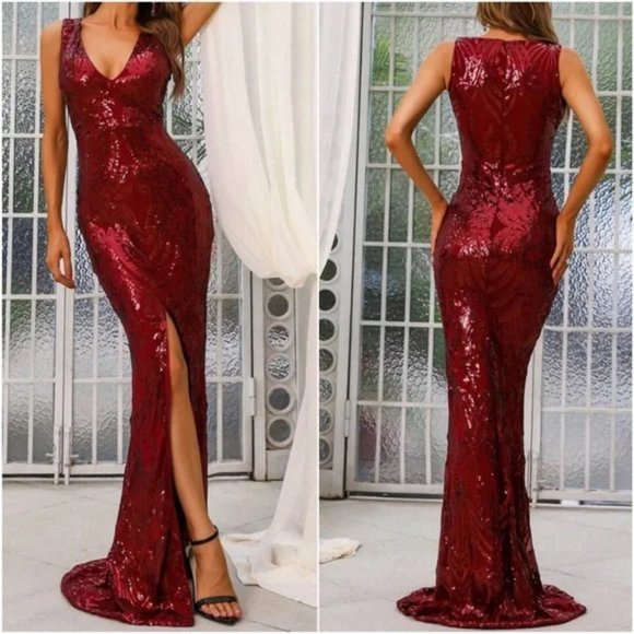 V-neck high slit thigh formal sequin dress party evening wedding prom Burgundy - Picture 1 of 7